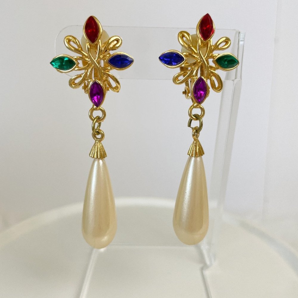 Colorful Vintage Earrings Faux Pearl Crystal